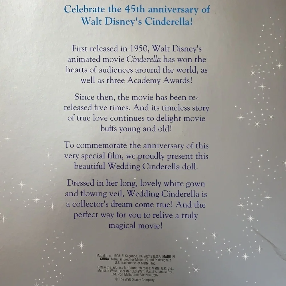 NIB Disney Mattel 45th Anniversary Wedding Cinderella 1995 Barbie doll blonde